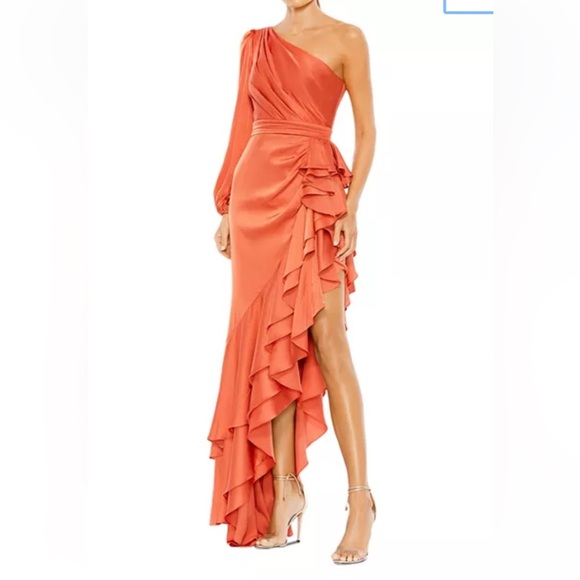 Mac Duggal One-Shoulder Ruffled Orange Dress - Picture 1 of 16